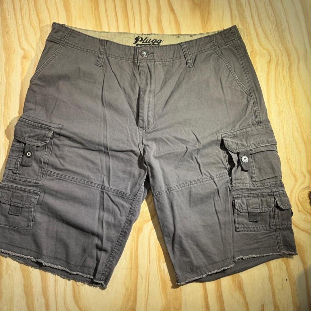 Plugg Mens Gray Cotton Multi Pocket Cargo Shorts Raw Hem Size 38